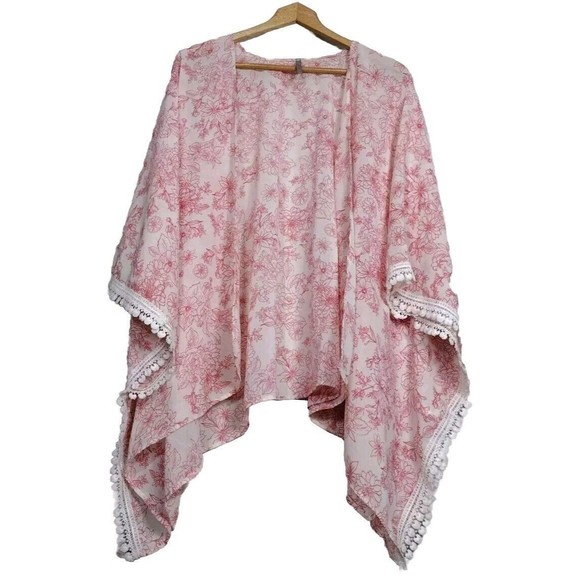 Women's Fringe Cardigan Pink Kimono Short Sleeve Size Os Cover up - Picture 1 of 9